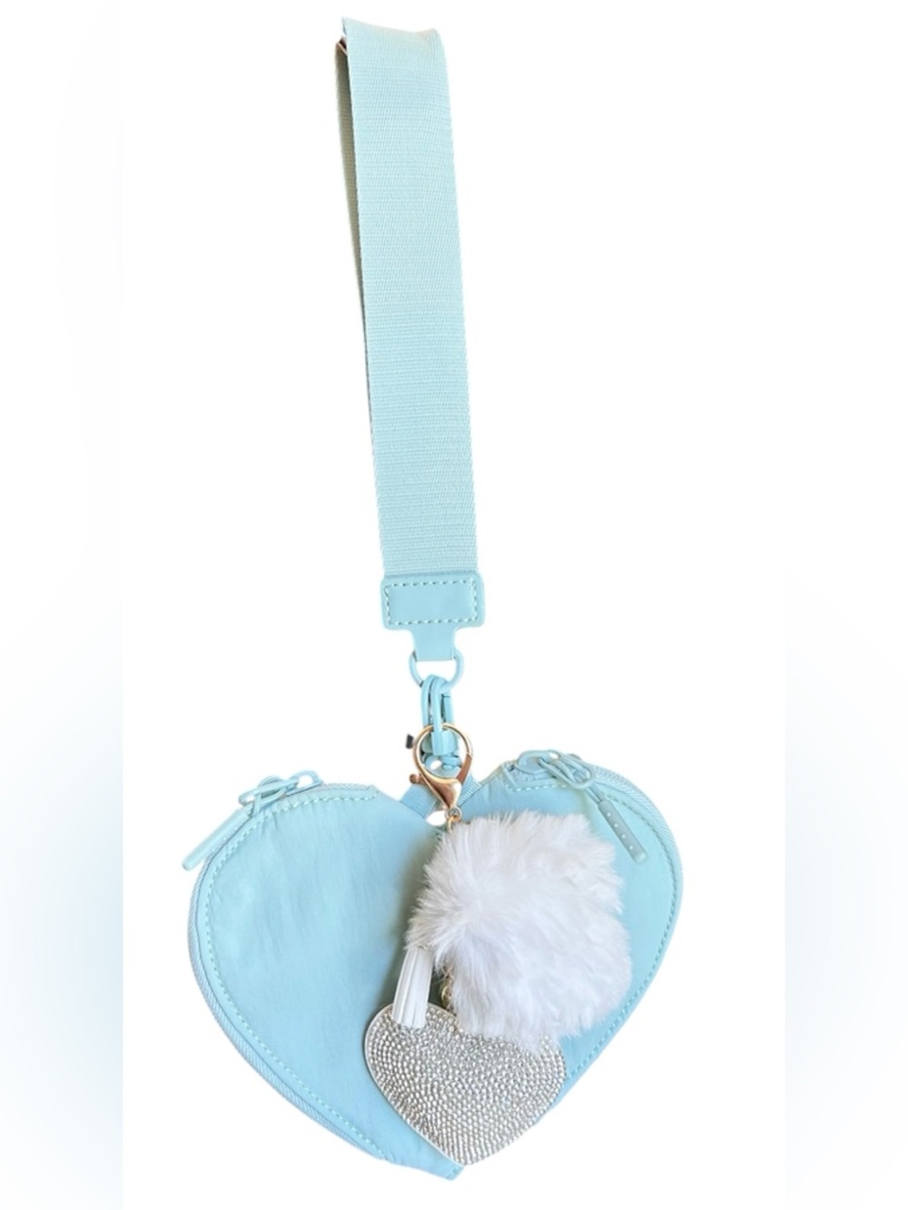 Ampere Creations Heart Wristlet Keychain with Pom Pom & Rhinestone Charm NWT